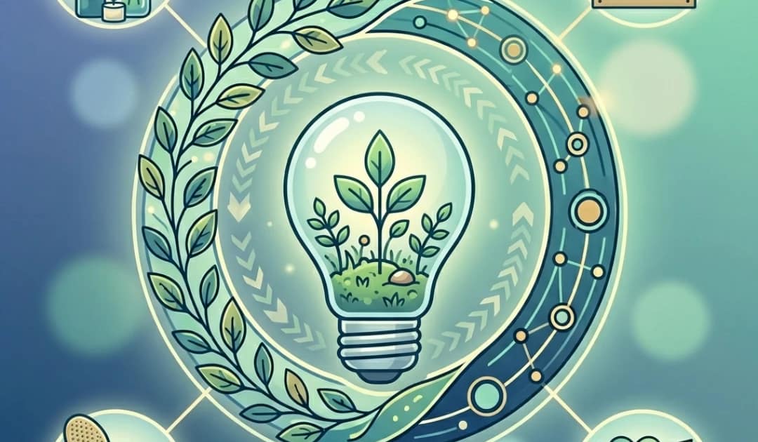 Im Zentrum des Bildes ist eine altmodische Glühbirne, in deren Innerem anstelle eines Glühfadens eine kleine, lebendige und intensiv grüne Pflanze wächst. Um das Objekt herum zieht sich ein dynamischer, Kreis der die unendliche Kreislaufwirtschaft symbolisiert. Verschiedene Objekt im Hintergrund zeigen Beispiele für Upcycling und die Transformation von Alt zu Neu.
