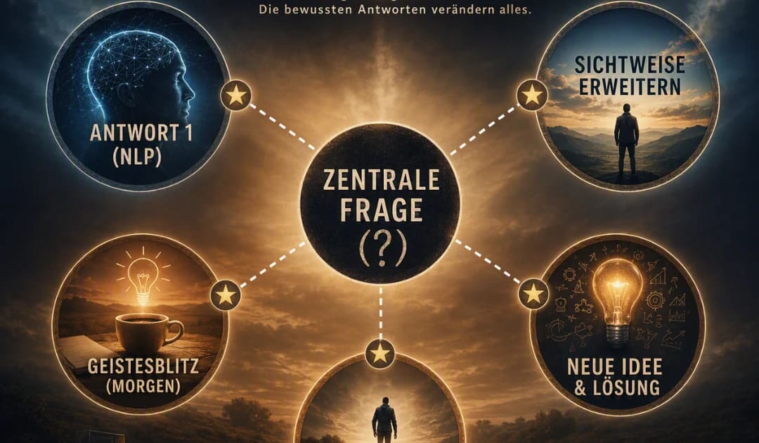 Das Bild zeigt eine Gedankenlandkarte zum Thema „Die Macht der Fragen & Antworten“. In der Mitte steht ein dunkler Kreis mit der Aufschrift „Zentrale Frage (?)“, von dem gestrichelte Linien mit kleinen Stern-Symbolen zu fünf äußeren Kreisen führen. Diese tragen die Beschriftungen: „Antwort 1 (NLP)“, „Sichtweise erweitern“, „Geistesblitz (Morgen)“, „Neue Idee & Lösung“ und „Bewusstes Handeln“.