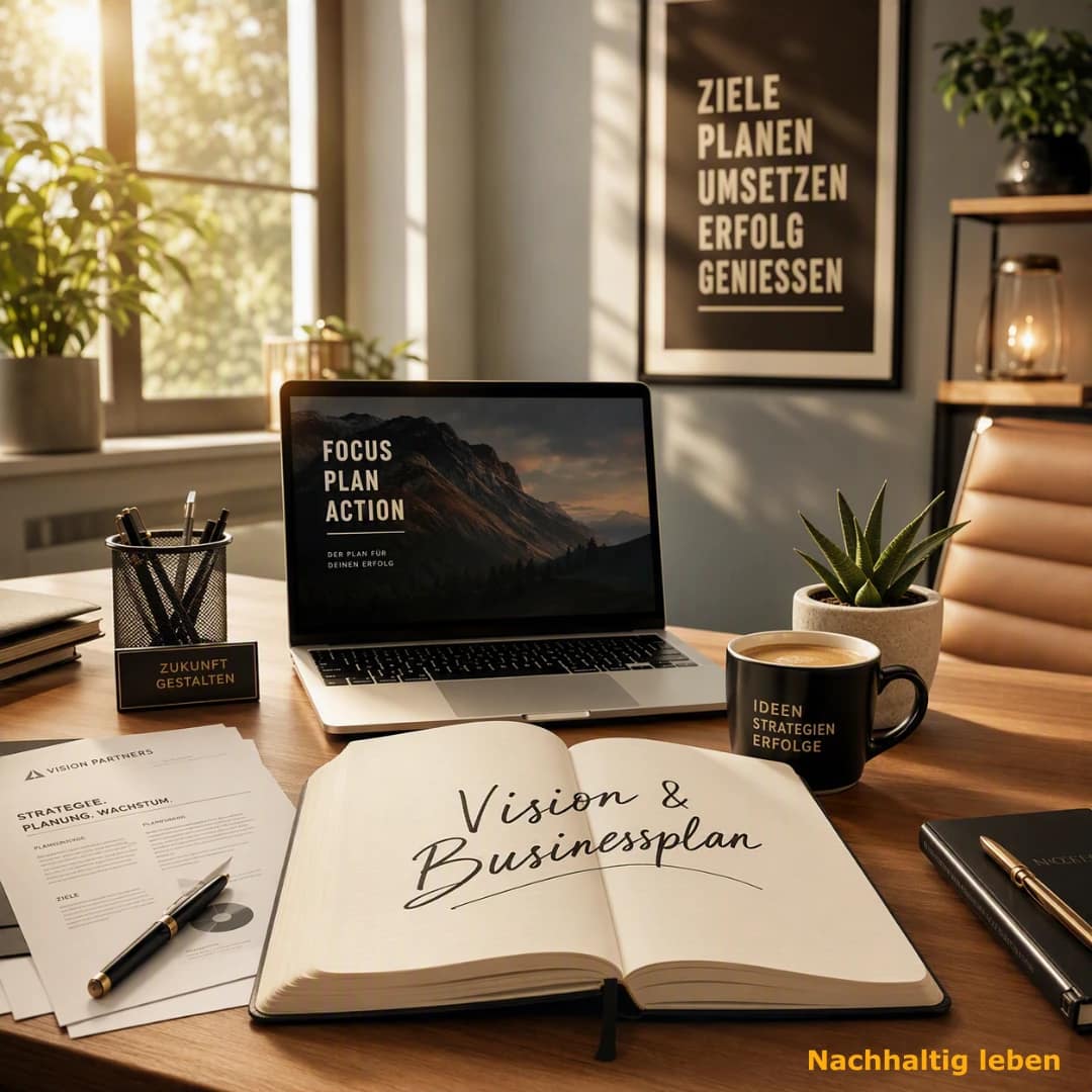 Eine helle, inspirierende Aufnahme eines modernen Homeoffice-Arbeitsplatzes an einem Holztisch. Im Zentrum liegt ein aufgeschlagenes Notizbuch mit der handschriftlichen Überschrift „Vision & Businessplan“, daneben eine Tasse Kaffee, ein Laptop sowie diverse Geschäftsunterlagen. Weiches, warmes Tageslicht fällt durch ein Fenster. Der Look ist professionell, motivierend und in warmen Farbtönen gehalten.