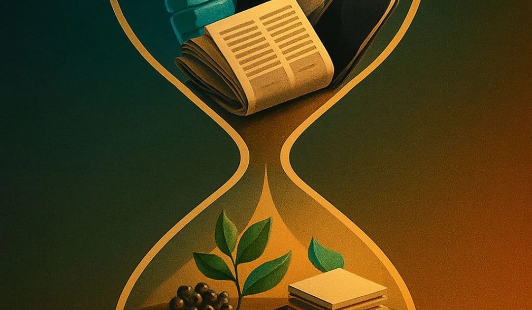 Das Bild symbolisiert die Notwendigkeit der Wertstofftrennung für eine nachhaltige Kreislaufwirtschaft. Im Zentrum des Bildes steht eine Sanduhr, die sich in zwei Hälften teilt. In der oberen Hälfte ist ein bunter, unsortierter Haufen aus verschiedenen Abfallobjekten zu sehen: eine Plastikflasche, eine Aludose, eine Zeitung und ein altes Smartphone. Aus der unteren Hälfte der Sanduhr fließt ein klarer, geordneter Strom von sauberen, sortierten Materialien direkt in einen stilisierten, unendlichen Kreislaufpfeil.