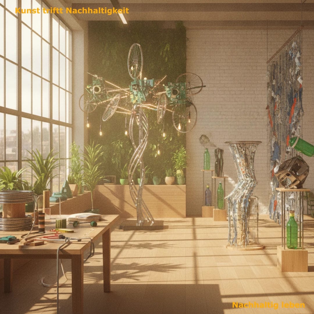 Kunst trifft Nachhaltigkeit. Ein kreatives Studio mit modernen, nachhaltigen Kunstobjekten und Skulpturen aus recycelten Materialien. Warmes Tageslicht fällt durch große Fenster, im Raum dominieren helle Holz- und frische Grüntöne.