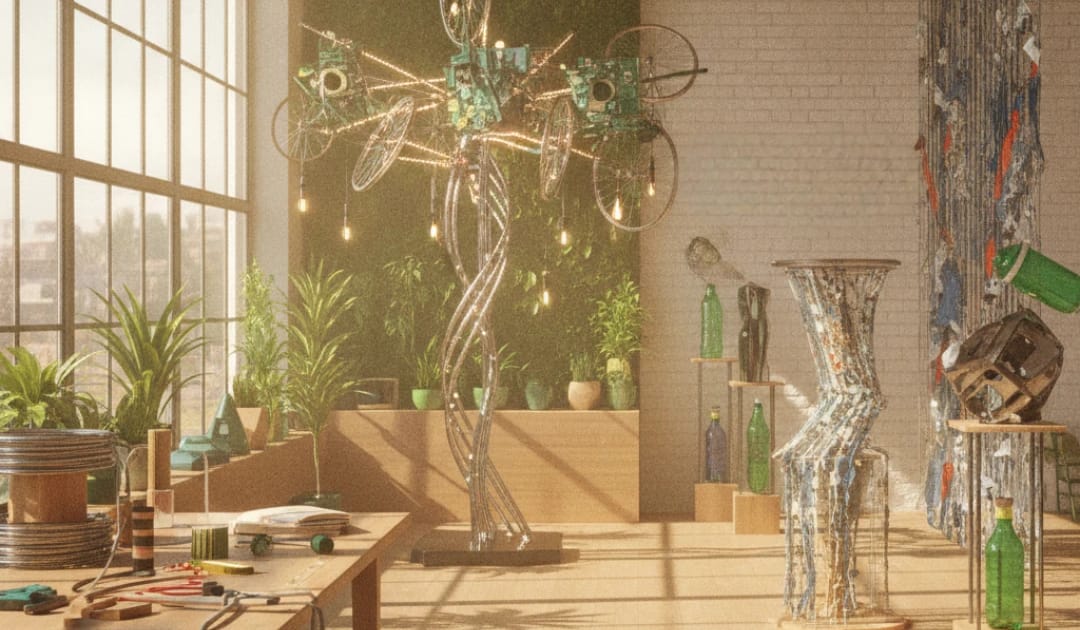 Kunst trifft Nachhaltigkeit. Ein kreatives Studio mit modernen, nachhaltigen Kunstobjekten und Skulpturen aus recycelten Materialien. Warmes Tageslicht fällt durch große Fenster, im Raum dominieren helle Holz- und frische Grüntöne.