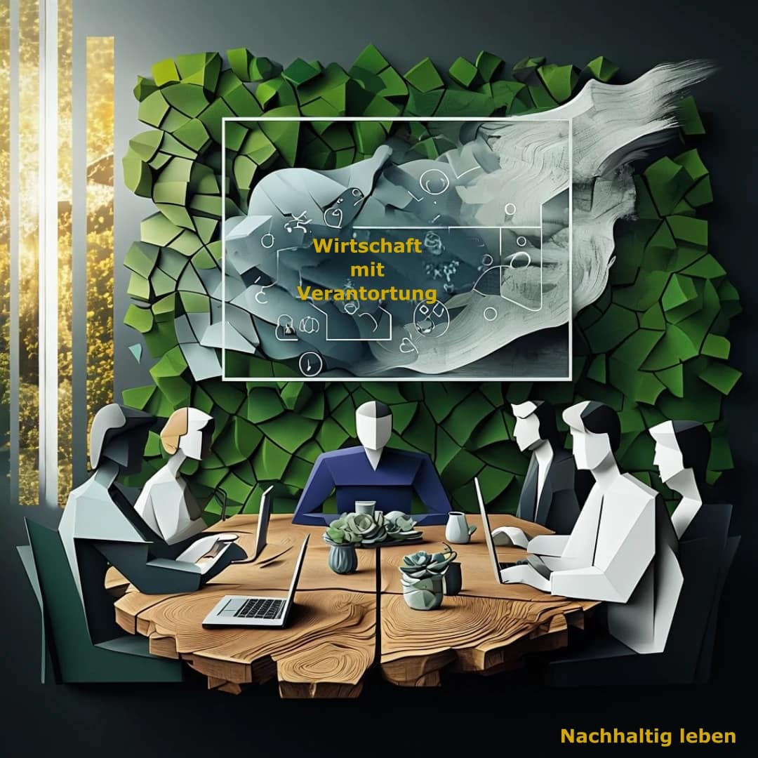 Wirtschaft mit Verantwortung steht als Schriftzug in der Bildmitte. Es zeigt mit einer Besprechung an einem Konferenztisch eine Szene aus einem üblichen Büroalltag. Das Bild symbolisiert, dass die Wirtschaft nicht nur Verantwortung für ökonomische Belange hat, sondern auch für die ökologische und die sozial / gesellschaftliche Dimension einer nachhaltigen Unternehmensführung.