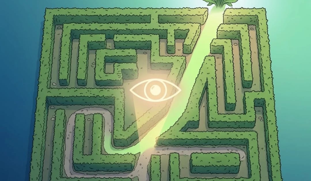 m Zentrum des Bildes sieht man ein stilisiertes, klassisches Labyrinth, das aus dichten, grünen Hecken geformt ist. Von der linken Seite führt ein ausgetretener, grauer Pfad hinein (Symbol für die alten Gewohnheiten). Mitten im Labyrinth spaltet sich der Weg: Während der alte Pfad im Kreis verläuft, bricht ein neuer, leuchtend hellgrüner Weg geradlinig nach oben aus den Hecken aus. Am Ausgang dieses neuen Pfades wächst eine kraftvolle, erblühende Pflanze dem Licht entgegen. Über dem Labyrinth schwebt ein feines, minimalistisches Symbol eines Auges (Symbol für Achtsamkeit und Bewusstsein), das sanfte Lichtstrahlen auf die Weggabelung wirft.