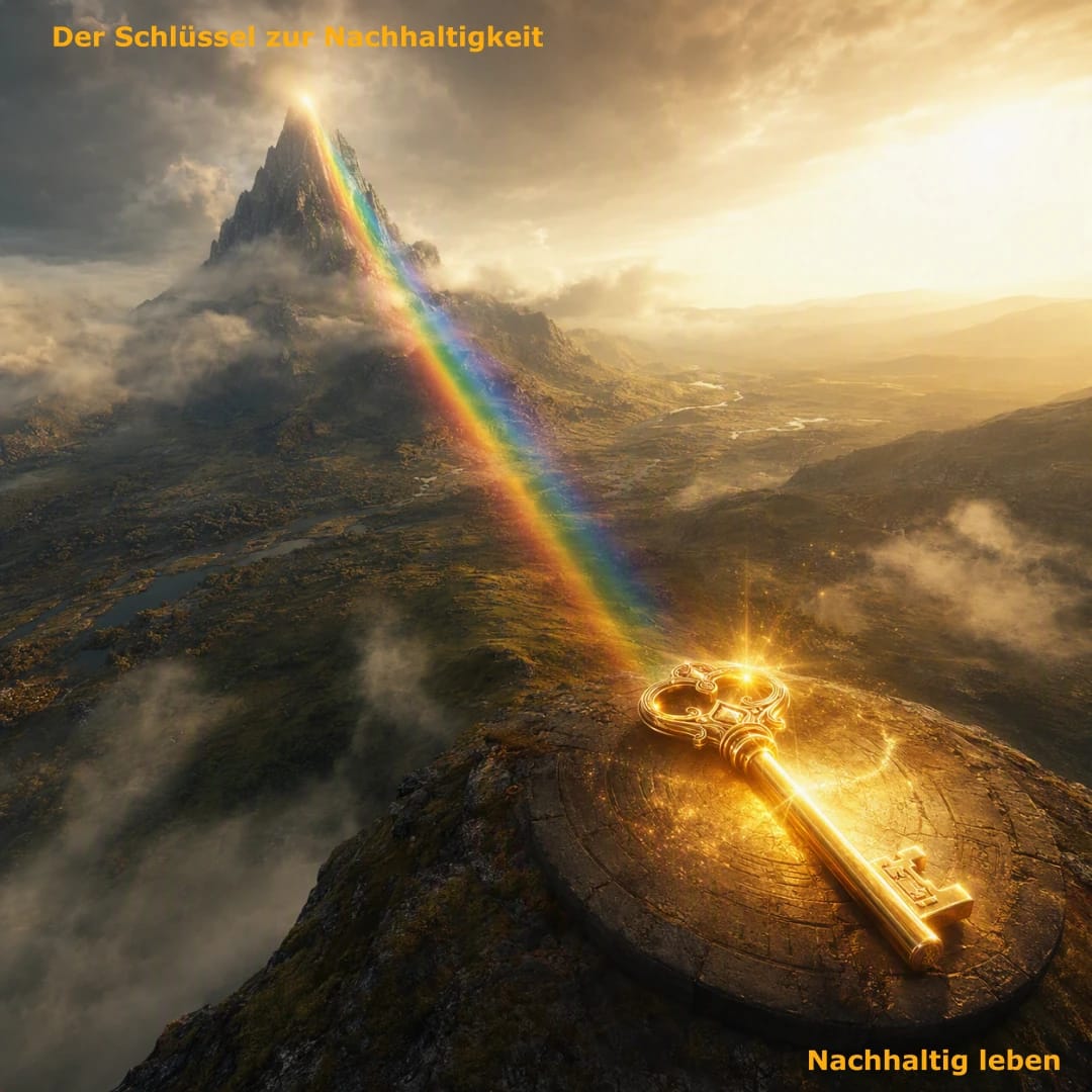 Das Bild symbolisiert das Schlüsselelement auf dem Pfad zu einem nachhaltigen Leben: Es zeigt einen goldenen Schlüssel, der im Sonnenlicht glänzt und funkelt. Im Hintergrund steht ein einsamer Berg vom dem ein Strahl in Regenbogenfarben bis zum Schlüssel zur Nachhaltigkeit reicht, der das Tor in die Zukunft öffnen kann.