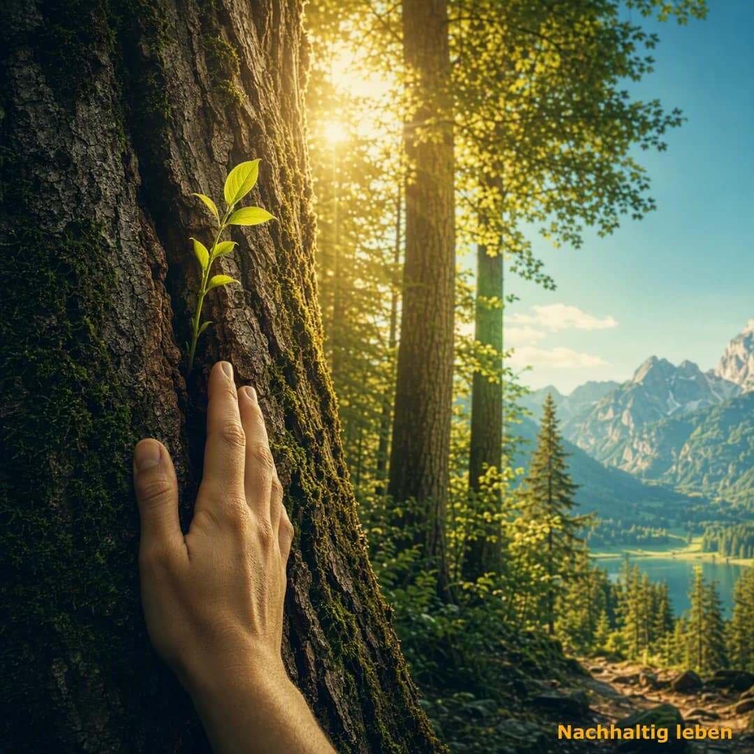 Das Bild symbolisiert die Verbundenheit des Menschen mit der Umwelt. Im Vordergrund berührt eine Hand sanft die raue, moosbewachsene Rinde eines mächtigen alten Baumstamms. Aus einer feinen Spalte der Baumborke sprießt direkt neben den Fingern ein kleiner, leuchtend grüner Schössling. Der Hintergrund zeigt einen lichtdurchfluteten Mischwald, durch dessen Blätterdach Sonnenstrahlen brechen. Auf der rechten Bildseite öffnet sich die Szene zu einer ruhigen Bergkulisse unter reinem blauem Himmel.
