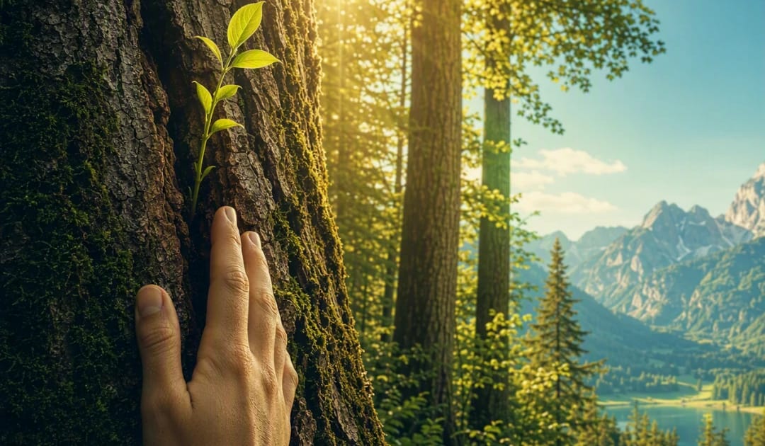 Das Bild symbolisiert die Verbundenheit des Menschen mit der Umwelt. Im Vordergrund berührt eine Hand sanft die raue, moosbewachsene Rinde eines mächtigen alten Baumstamms. Aus einer feinen Spalte der Baumborke sprießt direkt neben den Fingern ein kleiner, leuchtend grüner Schössling. Der Hintergrund zeigt einen lichtdurchfluteten Mischwald, durch dessen Blätterdach Sonnenstrahlen brechen. Auf der rechten Bildseite öffnet sich die Szene zu einer ruhigen Bergkulisse unter reinem blauem Himmel.