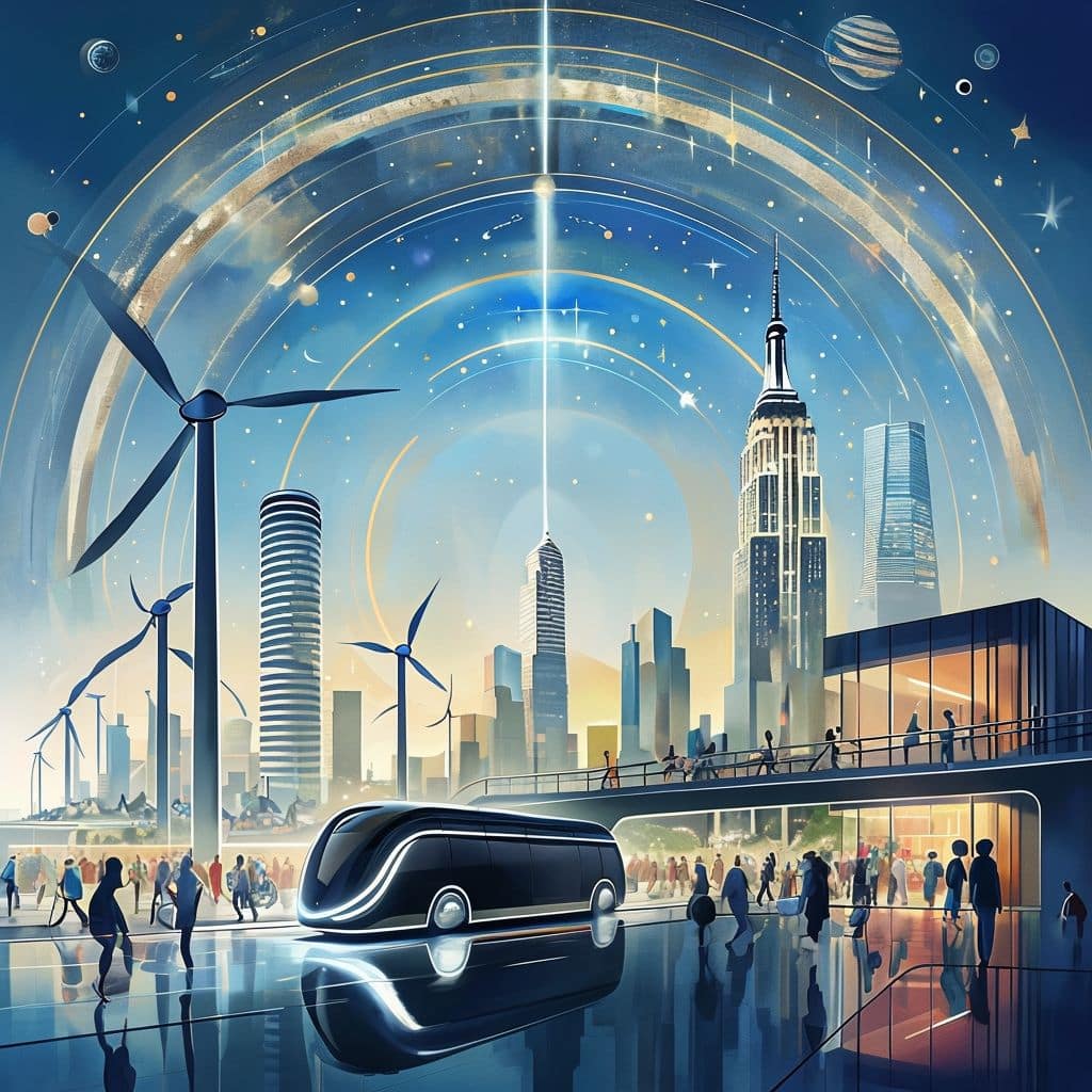 Die futuristische Stadtlandschaft zeigt eine Welt, in der erneuerbare Energien und umweltfreundliche Verkehrssysteme den Alltag bestimmen. Der Himmel ist von konzentrischen Kreisen einer unsichtbaren Sonne durchzogen, die eine neue Ära symbolisiert. Menschen bewegen sich entspannt durch grüne Parks und nutzen öffentliche Verkehrsmittel. Die warmen Farben und das sanfte Licht vermitteln ein Gefühl von Hoffnung und Optimismus. Die Szene ist ein Symbol dafür, dass eine nachhaltige Zukunft möglich ist, wenn wir gemeinsam Verantwortung übernehmen.