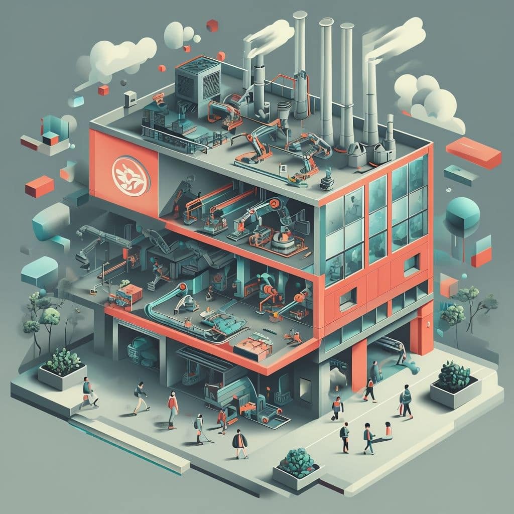 Nachhaltigkeit als Erfolgsfaktor. Das Bild symbolisiert die Umsetzung von Nachhaltigkeit in Unternehmen. Eine Fabrik als Herzstück einer nachhaltigen Produktion. Das Bild zeigt ein modernes Produktions-Werk, in dem umweltfreundliche Technologien zum Einsatz kommen. Menschen arbeiten konzentriert an Maschinen, während andere in den Büros zusammenarbeiten. Die Illustration symbolisiert das Streben nach einer nachhaltigen Wirtschaft, in der die Menschen im Vordergrund stehen.
