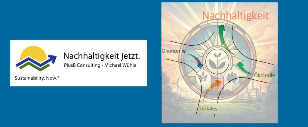 Nachhaltigkeit als Erfolgsfaktor. Das Bild zeigt auf der linken Seite das Logo des Beratungsbüros PlusB Consulting von Michael Wühle mit dem Schriftzug Nachhaltigkeit jetzt. Im Zentrum des Bildes ist ein Kreisverkehr dargestellt. In diesen Kreisverkehr fahren die Dimensionen der Nachhaltigkeit, die Ökonomie, das Soziale und die Ökologie ein und verlassen als ein Objekt Nachhaltigkeit wieder den Kreisverkehr.