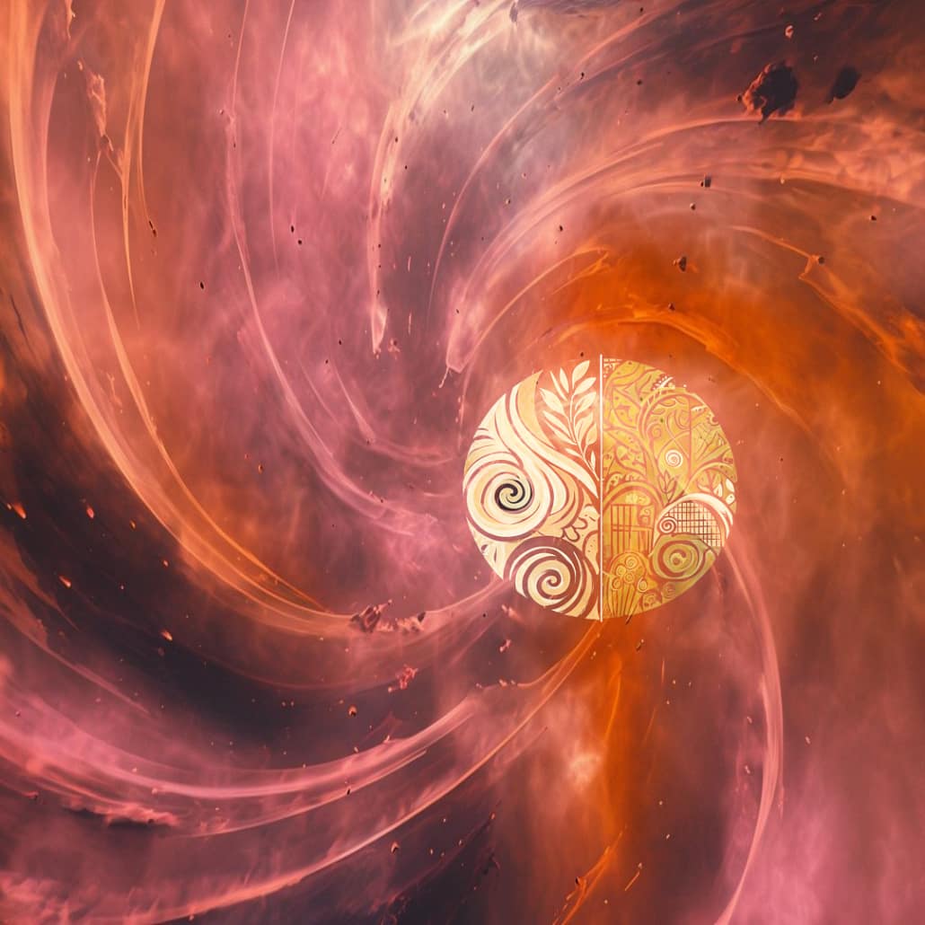 Das Bild symbolisiert die Transformation eines bestehenden Systems zur Nachhaltigkeit. Es zeigt den Sturz des alten Systems in ein schwarzes Loch, umgeben von glühendem rotem Gas, das ebenfalls in das schwarze Loch gezogen wird. Im Zentrum des schwarzen Lochs ist bereits die Transformation erkennbar, auch wenn diese erst jenseits des Ereignishorizonts klar erkennbar sein wird.