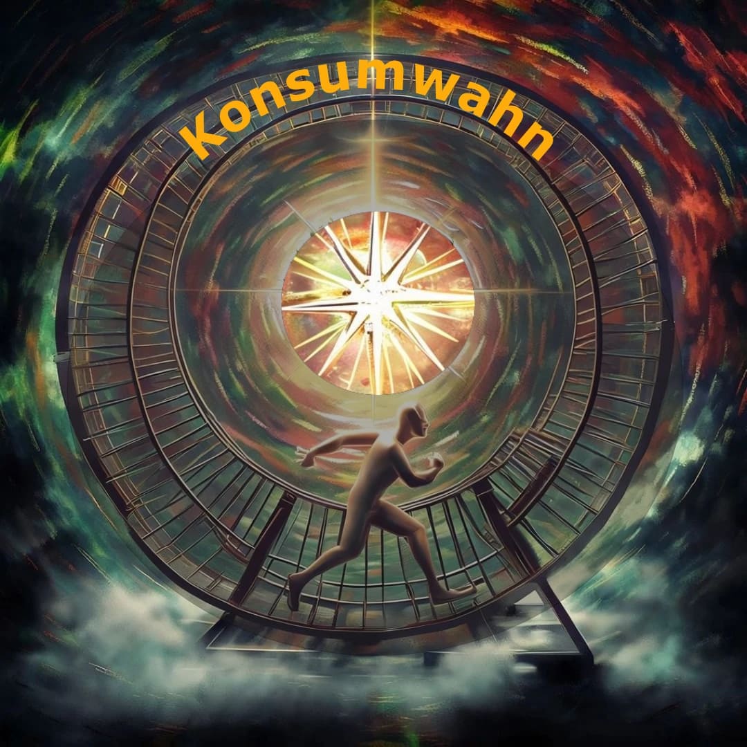 Das Bild zeigt, wie der Mensch sich in einem Hamsterrad des Konsumwahns unaufhörlich und völlig sinnlos dreht. Ein leuchtendes Symbol für Nachhaltigkeit strahlt wie ein Stern in der Nabe des Hamsterrades.