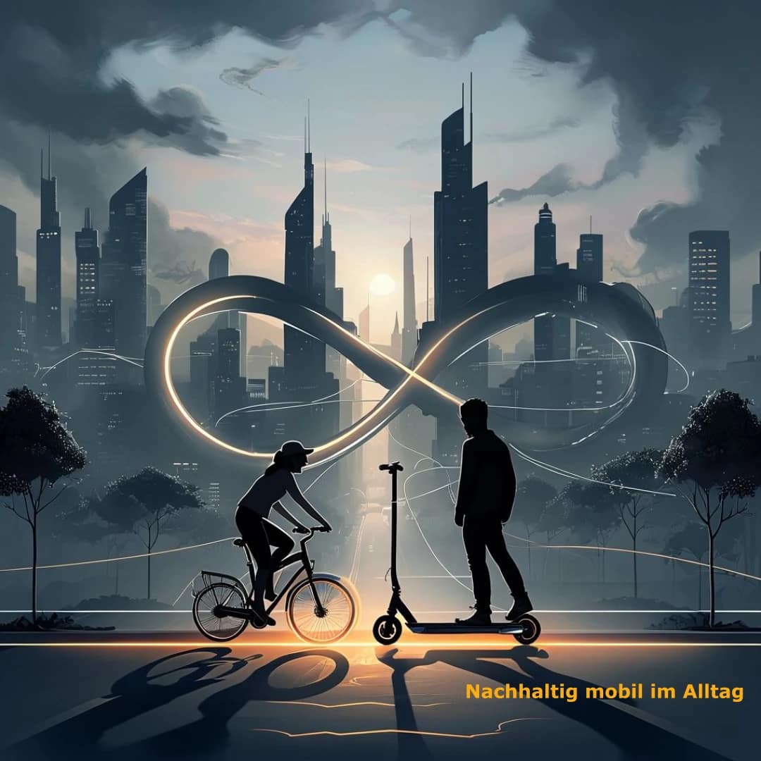 Das Bild symbolisiert Möglichkeiten, nachhaltig mobil im Alltag unterwegs zu sein. Gerade im urbanen Raum bieten elektrisch betriebene Mobilitätslösungen nachhaltige Alternativen.