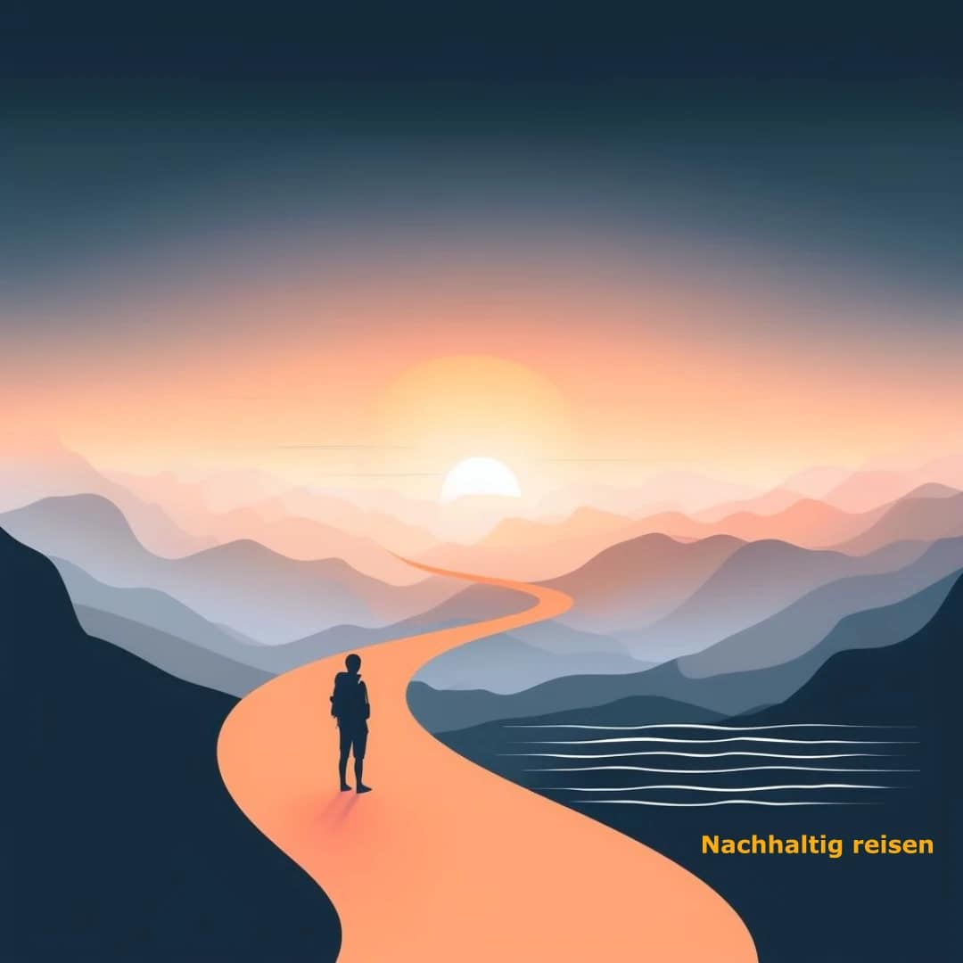 Das Bild zeigt den Sonnenaufgang in einer bergigen Landschaft. Ein Wanderer steht auf einem schwach erleuchteten Weg, der sich am Horizont verliert. Der Wanderer blickt fasziniert auf die beeindruckende Szene. Das Bild symbolisiert einen nachhaltiger Urlaub, der kein Verzicht bedeutet, sondern ein Gewinn an Echtheit, Achtsamkeit und Lebensfreude.
