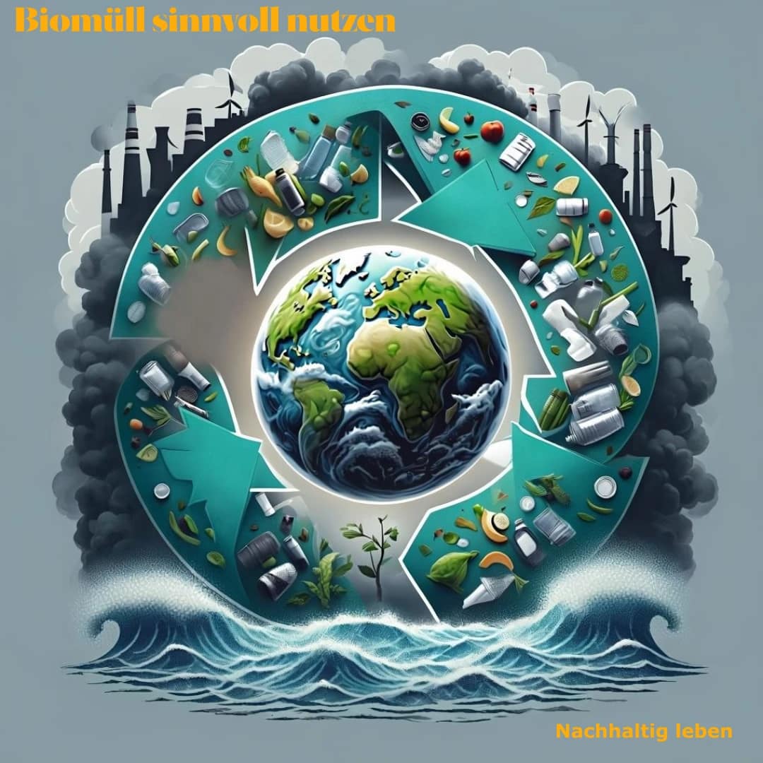 Das Bild deutet eine mögliche Kreislaufwirtschaft in unserem Alltag an. Gerade der täglich anfallende Biomüll lässt sich sinnvoll im Haushalt weiter nutzen. Als Dünger, Kompost oder Antrieb für eine Biogasanlage leistet Biomüll noch einen wichtigen Beitrag zu einer nachhaltigen Gesellschaft.