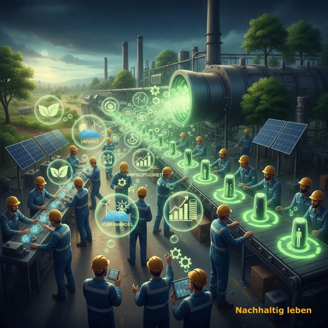 Das Bild symbolisiert, das die Transformation von Unternehmen zur Nachhaltigkeit nur mit der aktiven Beteiligung der Beschäftigen gelingen kann. Es zeigt einen Produktionsprozess und visualisiert dabei die Einbringung der Ideen der Beschäftigung zu Umwelt, Klimawandel, Wirtschaftlichkeit und Inklusion.