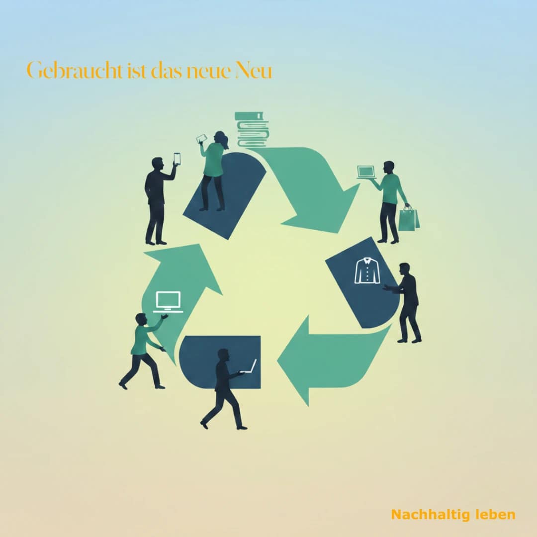 Minimalistische Illustration im Silhouetten-Stil zum Thema Kreislaufwirtschaft und Secondhand-Konsum. Mehrere dunkle Personensilhouetten stehen um ein großes, kreisförmiges Pfeilsymbol in Teal- und Grüntönen. Die Personen tauschen Symbole für Gebrauchtwaren wie Laptops, Smartphones, Bücher und Kleidung aus. Der Hintergrund ist ein freundlicher, heller Farbverlauf in sanften Blau- und Beigetönen.