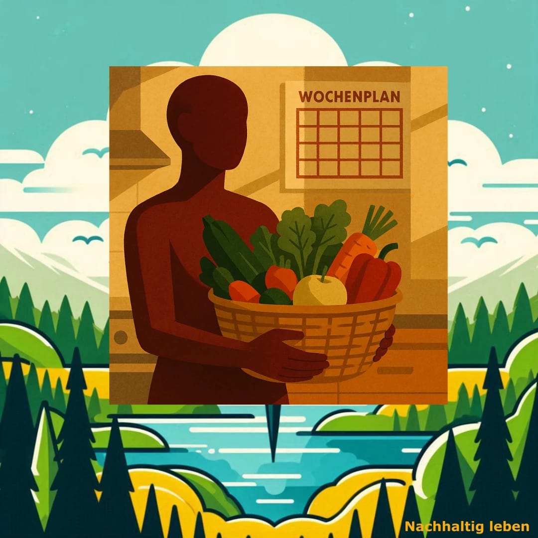 Das Bild zeigt die Silhouette eines Menschen die stolz einen Korb mit frischem, saisonalem Gemüse und Obst hält. Im Hintergrund ist ein angedeuteter Wochenplan zu sehen, der an einer Wand hängt. Das Ganze wirkt organisiert, aber warm und einladend – eben wie eine Küche, in der gerne gekocht wird. Eingebettet ist das Bild in den Hintergrund einer intakten Landschaft aus der die Lebensmittel für den nachhaltigen Ernährungsplan kommen.