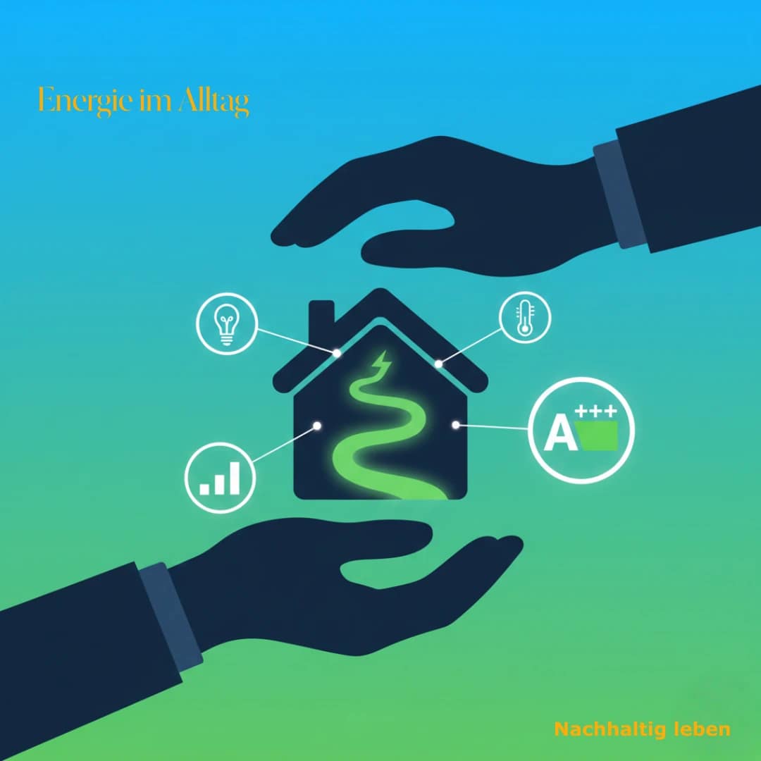 Eine Silhouette, die ein Haus symbolisch in den Händen hält, durch das ein leuchtender, grüner Energiepfad führt. Um das Haus herum schweben Icons wie ein Leuchtmittel, ein Thermostat und ein Energielabel-Symbol. Das Bild symbolisiert, das Energie im Alltag nachhaltig verwendet werden kann.