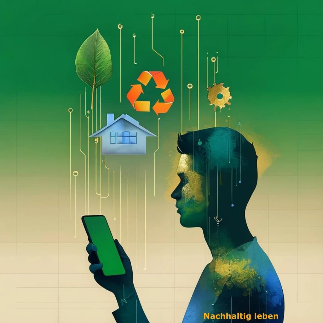 Eine Silhouette hält ein Smartphone in der Hand, aus dem verschiedene farbige Icons aufsteigen. Ein Blatt, ein Recyclingsymbol, ein Haussymbol für Smart-Home und ein Zahnrad für die Technik. Im Hintergrund sind digitale Datenströme angedeutet, die sich in eine Baumform verwandeln. Das Bild vermittelt eine moderne, saubere und technologisch positive Atmosphäre zu einer Digitalisierung im Kontext der Nachhaltigkeit.