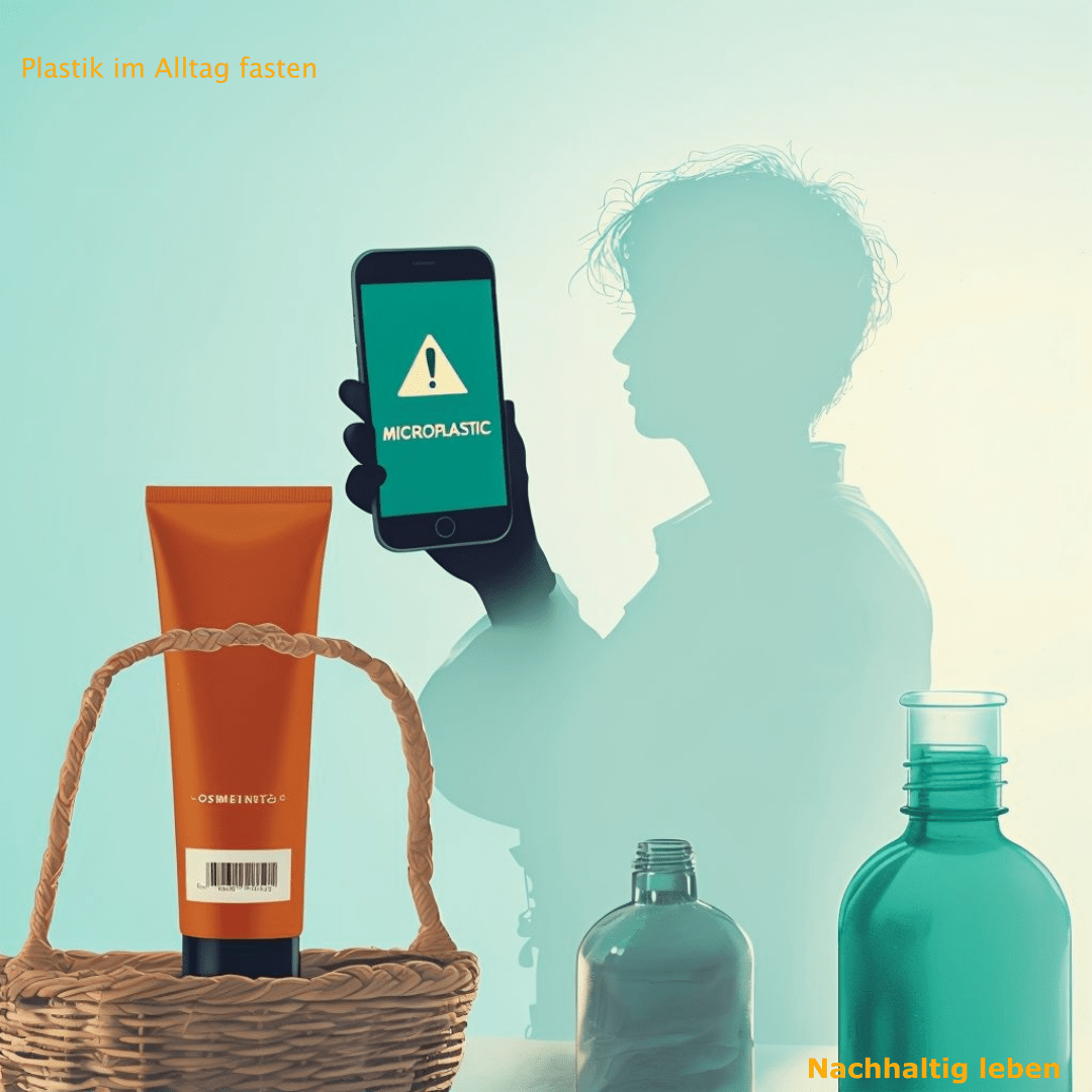 Das Bild zeigt eine Person die ein Mobiltelefon in der Hand hält und gerade ein Kosmetikprodukt auf Mikroplastik überprüft hat. Im Vordergrund sind weitere Plastikprodukte und auch ein klassischer Einkaufskorb zu sehen. Es symbolisiert die Notwendigkeit Plastik im Alltag nach Möglichkeit zu vermeiden.