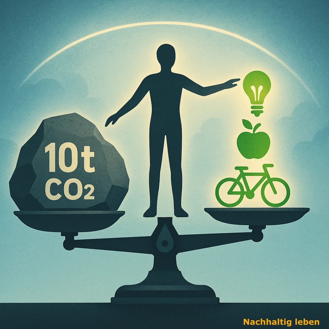 Das Bild symbolisiert die notwendige Klimabalance im Alltag. Es zeigt einen Menschen auf einer großen Waage stehend. Auf der einen Seite der Waage liegt ein großer, grauer Stein mit der Aufschrift "10t CO2". Die Person legt auf die andere Seite der Waage kleine, leuchtend grüne Symbole (ein Fahrrad, einen Apfel, eine LED-Lampe). Man sieht, wie sich die Waage langsam ausgleicht. Der Hintergrund zeigt eine hellblaue Atmosphäre mit einer feinen, schützenden Linie.