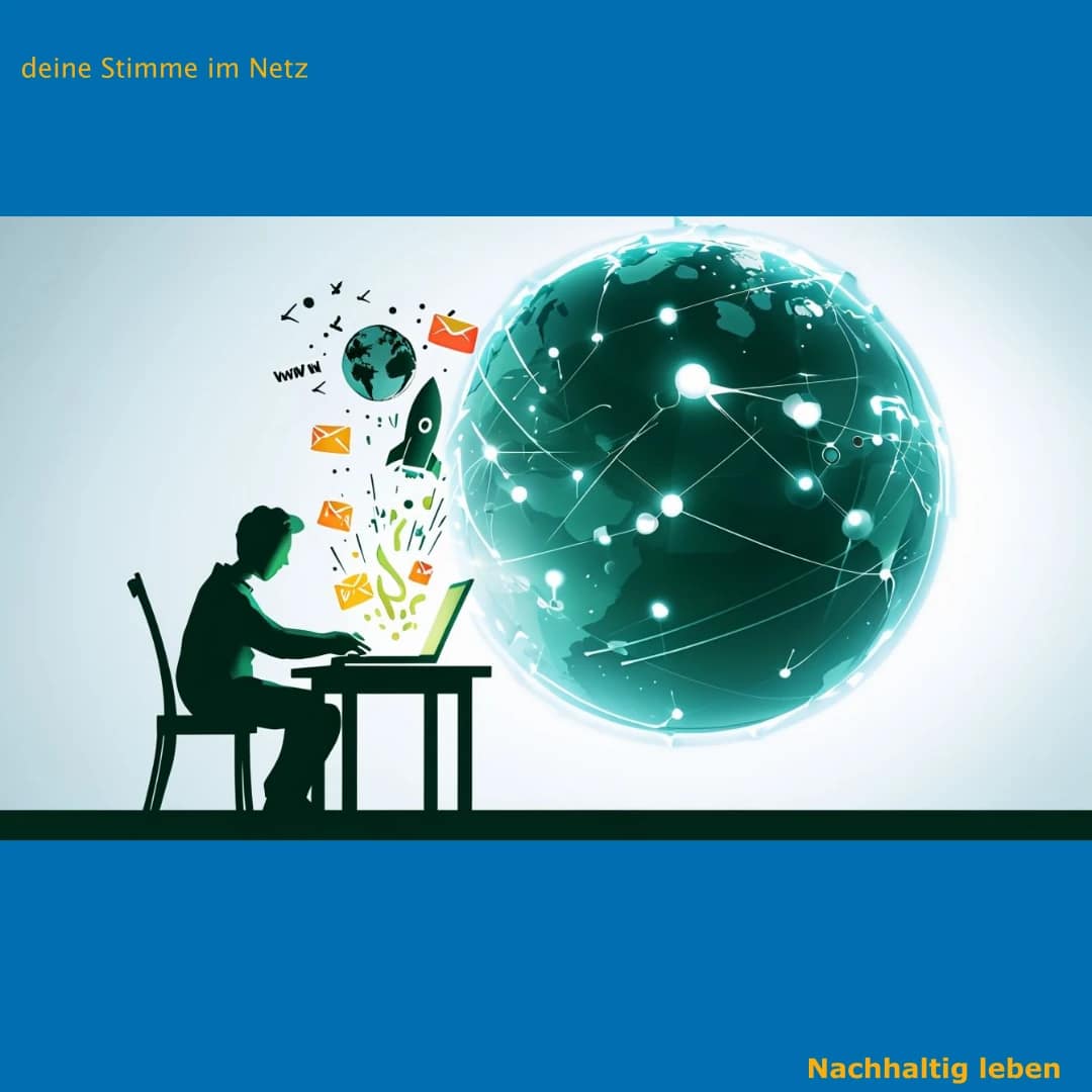 Symbol für die Erstellung einer eigenen Nachhaltigkeits-Website. Eine Silhouette sitzt an einem Laptop. Vom Bildschirm steigen Icons wie ein "WWW"-Symbol, ein Raketen-Icon für das Ranking, kleine Briefumschläge für einen Newsletter und vernetzte Punkte für Backlinks auf. Im Hintergrund sieht man eine stilisierte Weltkugel, die durch digitale Linien verbunden ist.