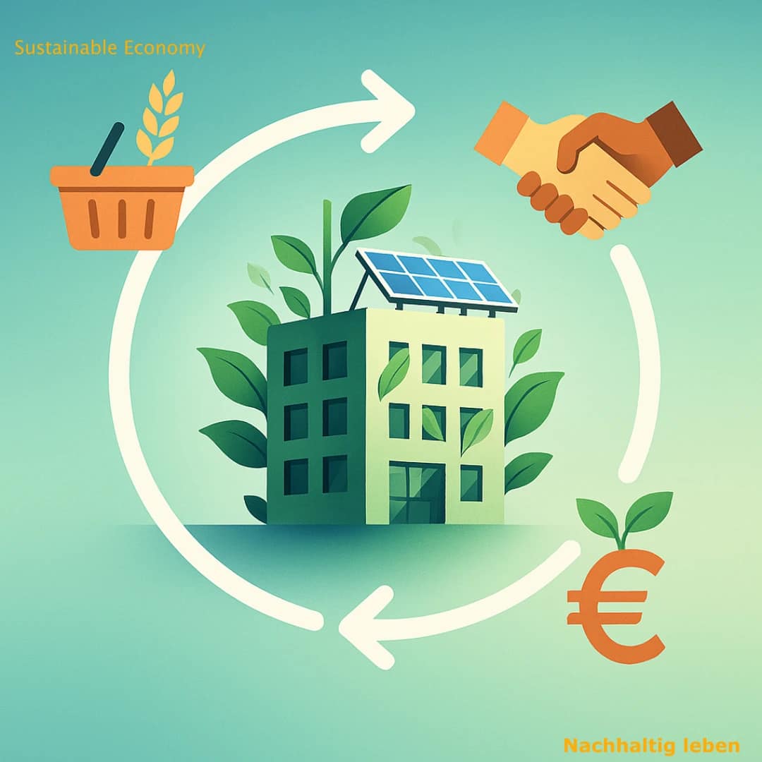 In der Mitte des Bildes sieht man ein stilisiertes, modernes Bürogebäude, das komplett in ein lebendiges, grünes Ökosystem integriert ist – aus den Fenstern wachsen Blätter, und auf dem Dach befinden sich glitzernde Solarpaneele. Um dieses Gebäude herum verläuft ein leuchtender, kreisrechter Pfeil, der den unendlichen Kreislauf (Cradle to Cradle) symbolisiert. In diesen Kreislauf fließen von außen verschiedene moderne Symbole ein: ein Einkaufskorb mit einer Getreideähre (Konsum), zwei sich reichende Hände (soziale Gerechtigkeit) und ein Euro-Zeichen mit einem kleinen sprießenden Blatt (Wirtschaftlichkeit/nachhaltige Finanzen). Der Hintergrund ist in einem Verlauf von hellem Blau zu sanftem Mintgrün gehalten.