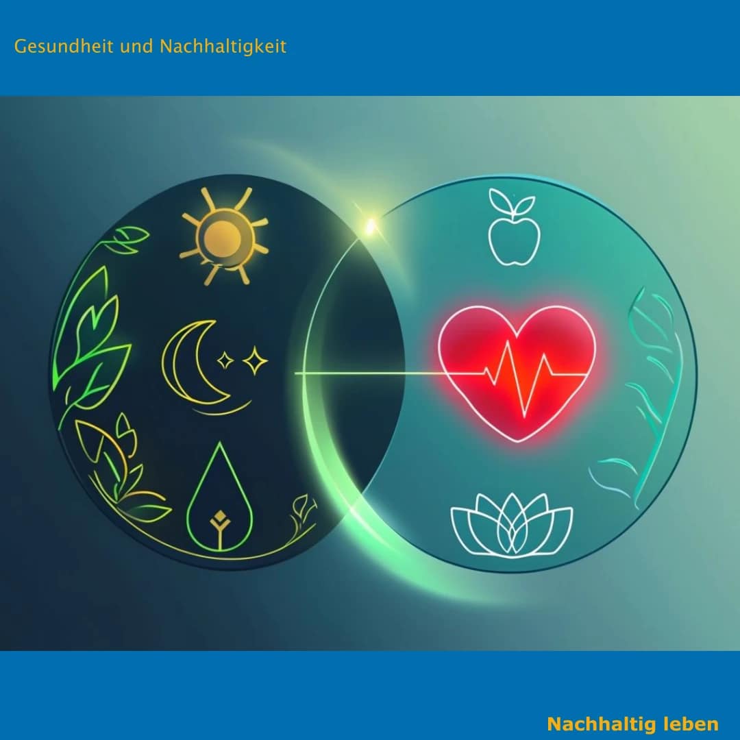 In der Mitte des Bildes kreuzen sich zwei organische Kreise zu einem harmonischen Venn-Diagramm. Der linke Kreis hat ein feines Muster aus grünen Blättern und einer strahlenden Sonne, die für die Nachhaltigkeit stehen. Der rechte Kreis zeigt sanfte, fließende Linien, die an Atemzüge erinnern, sowie eine stilisierte, ruhige Herzkurve. Im Schnittpunkt dieser beiden Kreise entsteht ein intensiver, leuchtender Bereich der für die Balance im Alltag stehet. Der Hintergrund ist in einem sanften, beruhigenden Verlauf von Tiefblau zu hellem Pastellgrün gehalten.