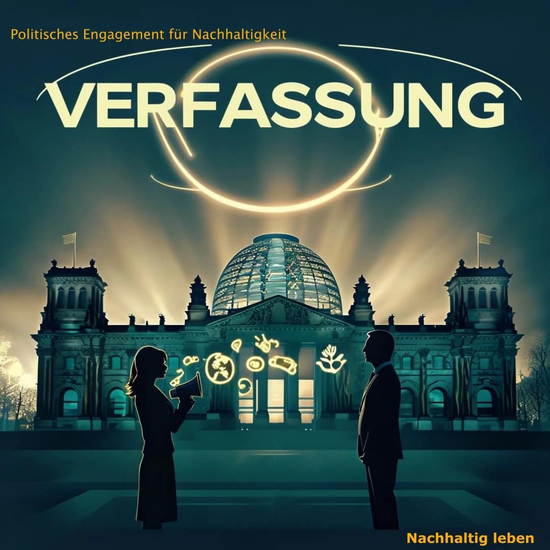 Das Bild symbolisiert die Notwendigkeit von politischem Engagement für mehr institutionelle Nachhaltigkeit. Eine Silhouette steht vor einem großen, klassischen Regierungsgebäude. In der Hand hält sie ein Megafon, aus dem kleine Symbole für "Zukunft", "Enkelkinder" und "Natur" strömen. Vor dem Gebäude sieht man die Silhouette eines Politikers, der aufmerksam zuhört. Im Himmel über dem Gebäude steht das Wort "Verfassung" in leuchtenden Lettern, umgeben von einem schützenden Kreis. Die Farben sind in Gold-Blau-Grün-Tönen gehalten, kombiniert mit einem seriösen Dunkelblau für das politische Umfeld.
