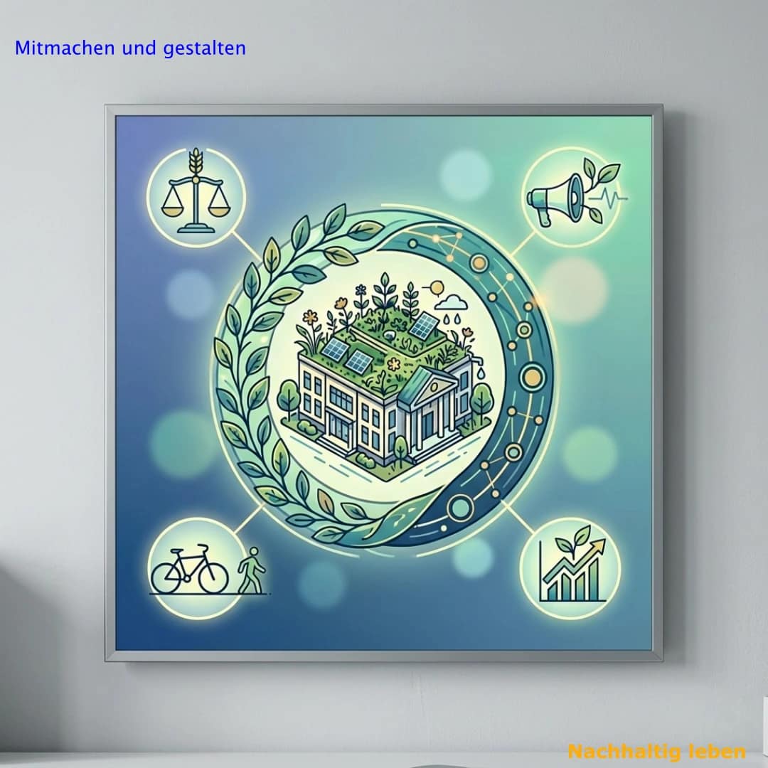In der Mitte des Bildes sieht man ein stilisiertes, modernes Rathaus oder Gemeindegebäude, dessen Dach komplett mit einer blühenden, grünen Wiese und Solarpaneelen bedeckt ist. Um das Gebäude herum spannt sich ein schützender, kreisförmiger Bogen, der aus zwei ineinandergreifenden Elementen besteht: einem grünen Zweig mit Blättern (Umweltschutz) und einem Band aus feinen Netzwerkknoten (Gemeinschaft). Aus diesem Kreis heraus wachsen kleine, saubere Symbole in den Raum: ein Fahrrad (nachhaltige Mobilität), eine Waage (Fairtrade/Gerechtigkeit) und ein kleines Megafon, aus dem sprießende Blätter kommen (Stimme einbringen/Vorbild sein). Der Hintergrund hat einen freundlichen Farbverlauf von hellem Sandton zu einem frischen, klaren Mintgrün.