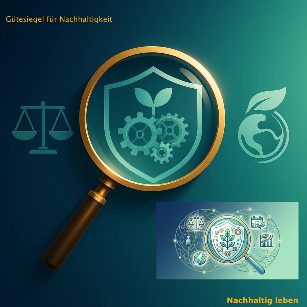 In der Mitte des Bildes sieht man eine stilisierte Lupe mit einem fein leuchtenden, goldenen Rahmen. Die Lupe ist auf ein Symbol gerichtet, das ein Gütesiegel darstellt (ein Schild mit einer Pflanze darin). Durch das Glas der Lupe wird dieses Siegel transparent durchleuchtet und offenbart im Inneren ein harmonisches Uhrwerk aus feinen, sauberen Zahnrädern – ein Symbol für die geprüfte Lieferkette und echte Transparenz. Links von der Lupe schwebt ein minimalistisches Symbol für eine Waage (soziale Gerechtigkeit), rechts ein stilisierter Planet, der von einem grünen Blatt geschützt wird (Umweltschutz). Der Hintergrund ist in einem klaren Farbverlauf von tiefem Marineblau zu einem hellen, frischen Mintgrün gehalten.