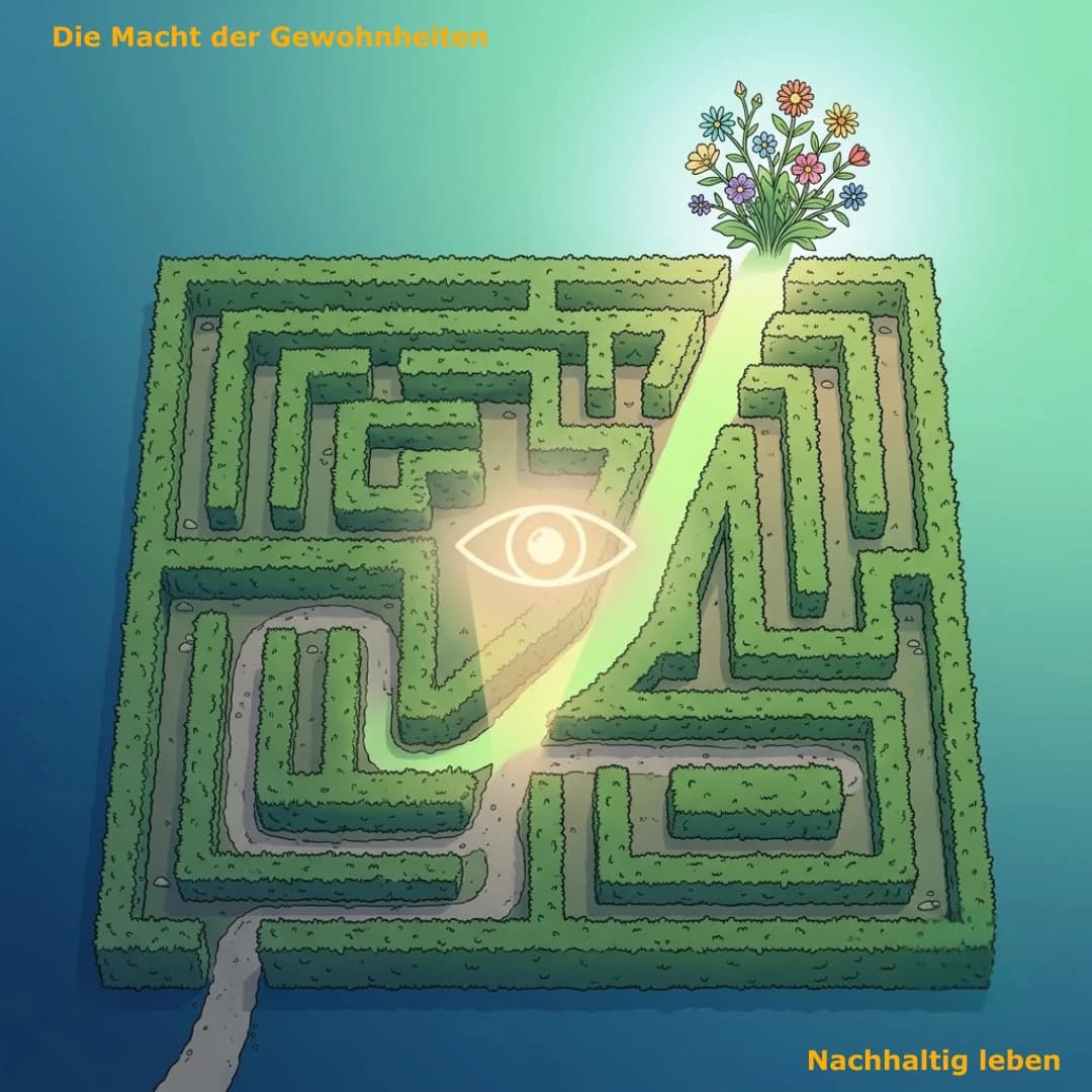 m Zentrum des Bildes sieht man ein stilisiertes, klassisches Labyrinth, das aus dichten, grünen Hecken geformt ist. Von der linken Seite führt ein ausgetretener, grauer Pfad hinein (Symbol für die alten Gewohnheiten). Mitten im Labyrinth spaltet sich der Weg: Während der alte Pfad im Kreis verläuft, bricht ein neuer, leuchtend hellgrüner Weg geradlinig nach oben aus den Hecken aus. Am Ausgang dieses neuen Pfades wächst eine kraftvolle, erblühende Pflanze dem Licht entgegen. Über dem Labyrinth schwebt ein feines, minimalistisches Symbol eines Auges (Symbol für Achtsamkeit und Bewusstsein), das sanfte Lichtstrahlen auf die Weggabelung wirft.