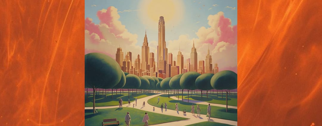 Die futuristische Stadtlandschaft zeigt eine Welt, in der erneuerbare Energien und umweltfreundliche Verkehrssysteme den Alltag bestimmen. Die Szene wird von einer hellen Sonne beleuchtet, die eine neue Ära symbolisiert. Menschen bewegen sich entspannt durch grüne Parks. Die warmen Farben und das sanfte Licht vermitteln ein Gefühl von Hoffnung und Optimismus. Die Szene ist ein Symbol dafür, dass eine nachhaltige Zukunft möglich ist, wenn wir gemeinsam Verantwortung übernehmen.