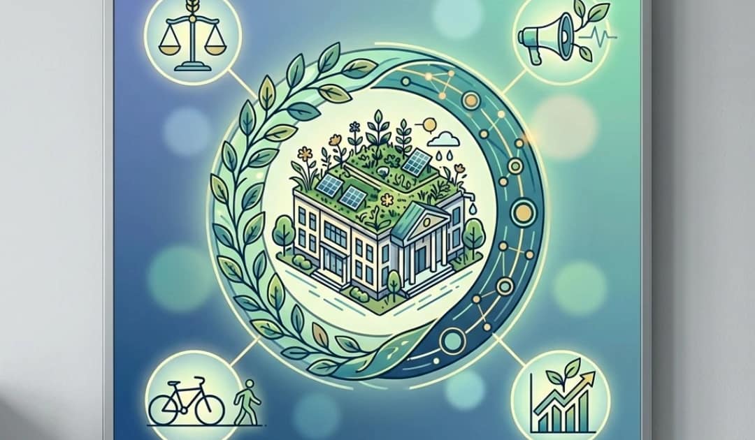 In der Mitte des Bildes sieht man ein stilisiertes, modernes Rathaus oder Gemeindegebäude, dessen Dach komplett mit einer blühenden, grünen Wiese und Solarpaneelen bedeckt ist. Um das Gebäude herum spannt sich ein schützender, kreisförmiger Bogen, der aus zwei ineinandergreifenden Elementen besteht: einem grünen Zweig mit Blättern (Umweltschutz) und einem Band aus feinen Netzwerkknoten (Gemeinschaft). Aus diesem Kreis heraus wachsen kleine, saubere Symbole in den Raum: ein Fahrrad (nachhaltige Mobilität), eine Waage (Fairtrade/Gerechtigkeit) und ein kleines Megafon, aus dem sprießende Blätter kommen (Stimme einbringen/Vorbild sein). Der Hintergrund hat einen freundlichen Farbverlauf von hellem Sandton zu einem frischen, klaren Mintgrün.