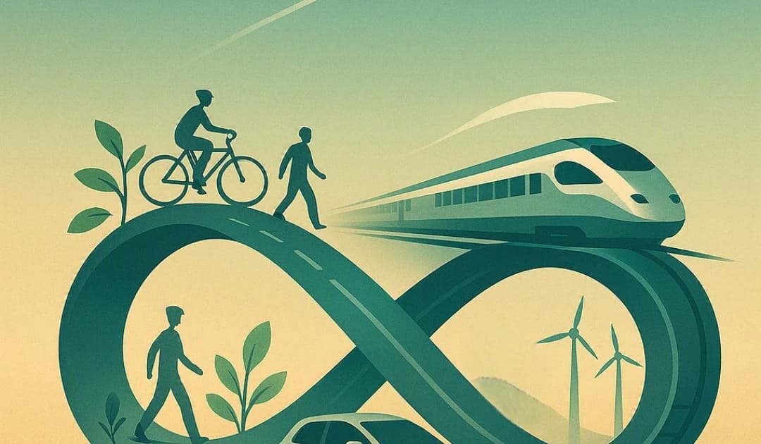 Das Bild zeigt ein harmonisches Zusammenspiel verschiedener nachhaltiger Mobilitätsformen. Im Zentrum befindet sich eine stilisierte, sanft geschwungene Straße, die sich elegant in Form einer Unendlichkeitsschleife legt. Auf der linken Seite der Schleife sieht man die minimalistischen Konturen von Fahrrädern und Fußgängern, umgeben von sprießenden grünen Blättern. Auf der rechten Seite geht die Schleife in eine moderne Bahntrasse über, auf der ein stromlinienförmiger Hochgeschwindigkeitszug fährt, flankiert von kleinen Windkrafträdern im Hintergrund. Ein Elektroauto fährt über die Straße. Am oberen Scheitelpunkt der Schleife deutet eine feine weiße Linie die Flugbahn eines mit Bio-Kerosin betriebenen Flugzeugs an, das über einen klaren Himmel zieht. Der Hintergrund zeigt einen weichen Farbverlauf von sonnigem Sandgelb zu einem frischen, klaren Mintgrün, was Nachhaltigkeit und Zukunft signalisiert.