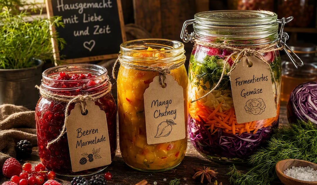 Eine stimmungsvolle, rustikale Küchenszene auf einer dunklen hölzernen Arbeitsplatte. Im Zentrum stehen mehrere ästhetisch arrangierte Einmachgläser, gefüllt mit leuchtend roter Beerenmarmelade, gelben Chutney und buntem, geschichtetem Fermentationsgemüse. Jedes Glas trägt einen handbeschrifteten Anhänger. Verstreute Zutaten wie Beeren, Zimtstangen, Sternanis, Dillzweige und Meersalz liegen auf dem Holz. Warmes, weiches Nachmittagslicht fällt links seitlich durch ein Fenster.