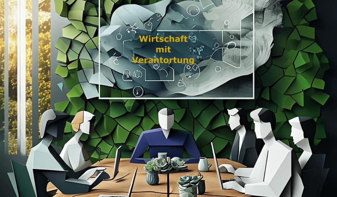 Wirtschaft mit Verantwortung steht als Schriftzug in der Bildmitte. Es zeigt mit einer Besprechung an einem Konferenztisch eine Szene aus einem üblichen Büroalltag. Das Bild symbolisiert, dass die Wirtschaft nicht nur Verantwortung für ökonomische Belange hat, sondern auch für die ökologische und die sozial / gesellschaftliche Dimension einer nachhaltigen Unternehmensführung.