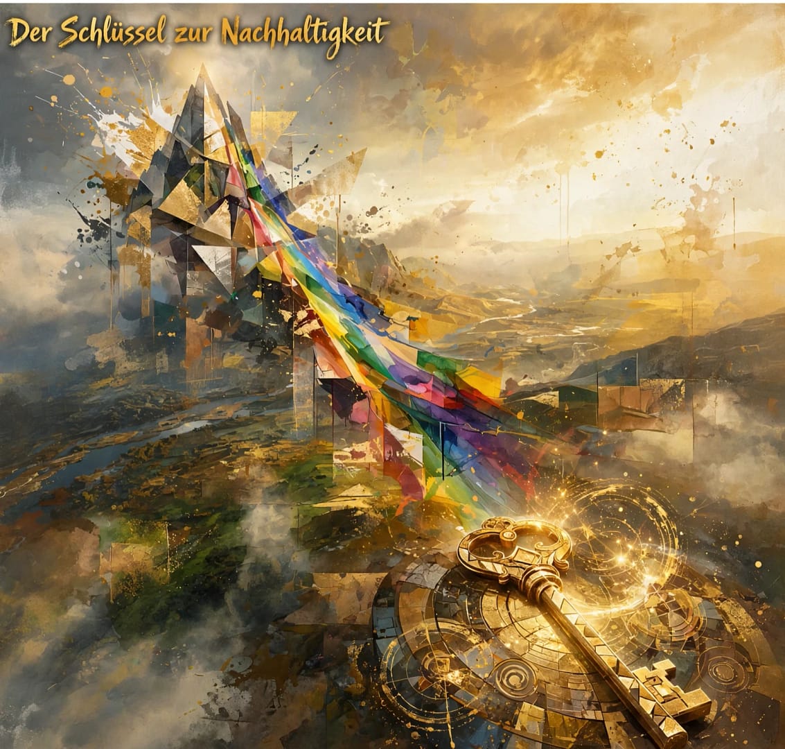 Das Bild symbolisiert das Schlüsselelement auf dem Pfad zu einem nachhaltigen Leben: Es zeigt einen goldenen Schlüssel, der im Sonnenlicht glänzt und funkelt. Im Hintergrund steht ein einsamer Berg vom dem ein Strahl in Regenbogenfarben bis zum Schlüssel zur Nachhaltigkeit reicht, der das Tor in die Zukunft öffnen kann.