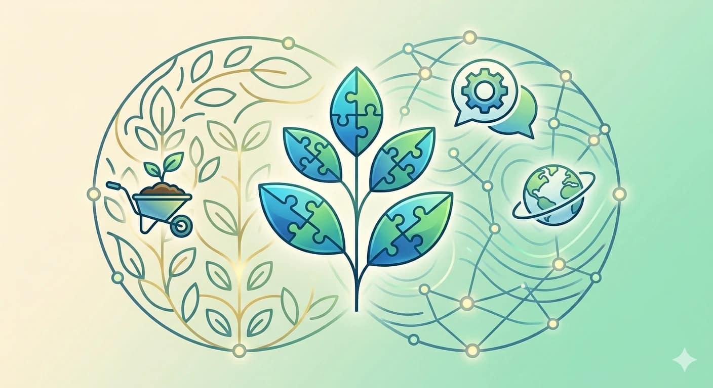 In der Mitte des Bildes sieht man eine stilisierte, wachsende Pflanze, deren Blätter aus verschiedenen Puzzleteilen bestehen, die nahtlos ineinandergreifen. Jedes Puzzleteil leuchtet in einer anderen Nuance eines Blau-Grün-Farbschemas, das für Nachhaltigkeit steht. Um die Pflanze herum bildet sich ein lebendiges, kreisförmiges Netzwerk aus feinen Linien und Verbindungspunkten, das eine Gemeinschaft für Nachhaltigkeit symbolisiert. In dieses Netzwerk sind minimalistische Icons integriert: eine kleine Handkarre mit Erde zwei Sprechblasen mit einem Zahnrad und eine kleine Weltkugel, die von einem schützenden Ring umgeben ist.