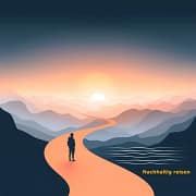 Das Bild zeigt den Sonnenaufgang in einer bergigen Landschaft. Ein Wanderer steht auf einem schwach erleuchteten Weg, der sich am Horizont verliert. Der Wanderer blickt fasziniert auf die beeindruckende Szene. Das Bild symbolisiert einen nachhaltiger Urlaub, der kein Verzicht bedeutet, sondern ein Gewinn an Echtheit, Achtsamkeit und Lebensfreude.