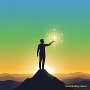 Eine einsame Silhouette steht auf einem Berggipfel und blickt in die Ferne. In der Hand hält die Person einen leuchtenden Kompass als Symbol für die Werte des Menschen. Der Hintergrund zeigt einen Sonnenaufgang in sanften Grün- und Goldtönen, was den Neuanfang und die positive innere Einstellung symbolisiert. Eine einsame Silhouette steht auf einem Berggipfel und blickt in die Ferne. In der Hand hält die Person einen leuchtenden Kompass als Symbol für die Werte des Menschen. Der Hintergrund zeigt einen Sonnenaufgang in sanften Grün- und Goldtönen, was den Neuanfang und die positive innere Einstellung symbolisiert.