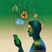 Eine Silhouette hält ein Smartphone in der Hand, aus dem verschiedene farbige Icons aufsteigen. Ein Blatt, ein Recyclingsymbol, ein Haussymbol für Smart-Home und ein Zahnrad für die Technik. Im Hintergrund sind digitale Datenströme angedeutet, die sich in eine Baumform verwandeln. Das Bild vermittelt eine moderne, saubere und technologisch positive Atmosphäre zu einer Digitalisierung im Kontext der Nachhaltigkeit. Eine Silhouette hält ein Smartphone in der Hand, aus dem verschiedene farbige Icons aufsteigen. Ein Blatt, ein Recyclingsymbol, ein Haussymbol für Smart-Home und ein Zahnrad für die Technik. Im Hintergrund sind digitale Datenströme angedeutet, die sich in eine Baumform verwandeln. Das Bild vermittelt eine moderne, saubere und technologisch positive Atmosphäre zu einer Digitalisierung im Kontext der Nachhaltigkeit.