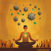 Das Bild zeigt eine sitzende Person in Meditationshaltung. Über ihrem Kopf schweben viele graue, stachelige oder unruhige Gedankenblasen mit Symbolen negativer Gedanken. Die Person hält eine kleine Nadel in der Hand und entschärft damit gerade eine dieser negativen Gedanken. Die anderen stacheligen Blasen beginnen, sich von ihr zu lösen. Im Hintergrund wird die Hektik des Alltags angedeutet. Das Bild zeigt eine sitzende Person in Meditationshaltung. Über ihrem Kopf schweben viele graue, stachelige oder unruhige Gedankenblasen mit Symbolen negativer Gedanken. Die Person hält eine kleine Nadel in der Hand und entschärft damit gerade eine dieser negativen Gedanken. Die anderen stacheligen Blasen beginnen, sich von ihr zu lösen. Im Hintergrund wird die Hektik des Alltags angedeutet.