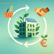 In der Mitte des Bildes sieht man ein stilisiertes, modernes Bürogebäude, das komplett in ein lebendiges, grünes Ökosystem integriert ist – aus den Fenstern wachsen Blätter, und auf dem Dach befinden sich glitzernde Solarpaneele. Um dieses Gebäude herum verläuft ein leuchtender, kreisrechter Pfeil, der den unendlichen Kreislauf (Cradle to Cradle) symbolisiert. In diesen Kreislauf fließen von außen verschiedene moderne Symbole ein: ein Einkaufskorb mit einer Getreideähre (Konsum), zwei sich reichende Hände (soziale Gerechtigkeit) und ein Euro-Zeichen mit einem kleinen sprießenden Blatt (Wirtschaftlichkeit/nachhaltige Finanzen). Der Hintergrund ist in einem Verlauf von hellem Blau zu sanftem Mintgrün gehalten. In der Mitte des Bildes sieht man ein stilisiertes, modernes Bürogebäude, das komplett in ein lebendiges, grünes Ökosystem integriert ist – aus den Fenstern wachsen Blätter, und auf dem Dach befinden sich glitzernde Solarpaneele. Um dieses Gebäude herum verläuft ein leuchtender, kreisrechter Pfeil, der den unendlichen Kreislauf (Cradle to Cradle) symbolisiert. In diesen Kreislauf fließen von außen verschiedene moderne Symbole ein: ein Einkaufskorb mit einer Getreideähre (Konsum), zwei sich reichende Hände (soziale Gerechtigkeit) und ein Euro-Zeichen mit einem kleinen sprießenden Blatt (Wirtschaftlichkeit/nachhaltige Finanzen). Der Hintergrund ist in einem Verlauf von hellem Blau zu sanftem Mintgrün gehalten.
