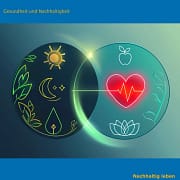 In der Mitte des Bildes kreuzen sich zwei organische Kreise zu einem harmonischen Venn-Diagramm. Der linke Kreis hat ein feines Muster aus grünen Blättern und einer strahlenden Sonne, die für die Nachhaltigkeit stehen. Der rechte Kreis zeigt sanfte, fließende Linien, die an Atemzüge erinnern, sowie eine stilisierte, ruhige Herzkurve. Im Schnittpunkt dieser beiden Kreise entsteht ein intensiver, leuchtender Bereich der für die Balance im Alltag stehet. Der Hintergrund ist in einem sanften, beruhigenden Verlauf von Tiefblau zu hellem Pastellgrün gehalten. In der Mitte des Bildes kreuzen sich zwei organische Kreise zu einem harmonischen Venn-Diagramm. Der linke Kreis hat ein feines Muster aus grünen Blättern und einer strahlenden Sonne, die für die Nachhaltigkeit stehen. Der rechte Kreis zeigt sanfte, fließende Linien, die an Atemzüge erinnern, sowie eine stilisierte, ruhige Herzkurve. Im Schnittpunkt dieser beiden Kreise entsteht ein intensiver, leuchtender Bereich der für die Balance im Alltag stehet. Der Hintergrund ist in einem sanften, beruhigenden Verlauf von Tiefblau zu hellem Pastellgrün gehalten.
