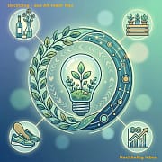 Im Zentrum des Bildes ist eine altmodische Glühbirne, in deren Innerem anstelle eines Glühfadens eine kleine, lebendige und intensiv grüne Pflanze wächst. Um das Objekt herum zieht sich ein dynamischer, Kreis der die unendliche Kreislaufwirtschaft symbolisiert. Verschiedene Objekt im Hintergrund zeigen Beispiele für Upcycling und die Transformation von Alt zu Neu. Im Zentrum des Bildes ist eine altmodische Glühbirne, in deren Innerem anstelle eines Glühfadens eine kleine, lebendige und intensiv grüne Pflanze wächst. Um das Objekt herum zieht sich ein dynamischer, Kreis der die unendliche Kreislaufwirtschaft symbolisiert. Verschiedene Objekt im Hintergrund zeigen Beispiele für Upcycling und die Transformation von Alt zu Neu.