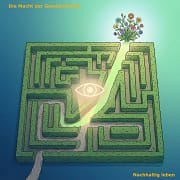 m Zentrum des Bildes sieht man ein stilisiertes, klassisches Labyrinth, das aus dichten, grünen Hecken geformt ist. Von der linken Seite führt ein ausgetretener, grauer Pfad hinein (Symbol für die alten Gewohnheiten). Mitten im Labyrinth spaltet sich der Weg: Während der alte Pfad im Kreis verläuft, bricht ein neuer, leuchtend hellgrüner Weg geradlinig nach oben aus den Hecken aus. Am Ausgang dieses neuen Pfades wächst eine kraftvolle, erblühende Pflanze dem Licht entgegen. Über dem Labyrinth schwebt ein feines, minimalistisches Symbol eines Auges (Symbol für Achtsamkeit und Bewusstsein), das sanfte Lichtstrahlen auf die Weggabelung wirft.
