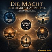 Das Bild zeigt eine Gedankenlandkarte zum Thema „Die Macht der Fragen & Antworten“. In der Mitte steht ein dunkler Kreis mit der Aufschrift „Zentrale Frage (?)“, von dem gestrichelte Linien mit kleinen Stern-Symbolen zu fünf äußeren Kreisen führen. Diese tragen die Beschriftungen: „Antwort 1 (NLP)“, „Sichtweise erweitern“, „Geistesblitz (Morgen)“, „Neue Idee & Lösung“ und „Bewusstes Handeln“. Das Bild zeigt eine Gedankenlandkarte zum Thema „Die Macht der Fragen & Antworten“. In der Mitte steht ein dunkler Kreis mit der Aufschrift „Zentrale Frage (?)“, von dem gestrichelte Linien mit kleinen Stern-Symbolen zu fünf äußeren Kreisen führen. Diese tragen die Beschriftungen: „Antwort 1 (NLP)“, „Sichtweise erweitern“, „Geistesblitz (Morgen)“, „Neue Idee & Lösung“ und „Bewusstes Handeln“.