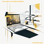 Das Bild symbolisiert, wie HomeOffice und digitale Mobiltiät unseren Alltag verändern. Es zeigt eine helle, einladende Homeoffice-Szene an einem Schreibtisch im privaten Zuhause mit einem Laptop, auf dem ein Videocall läuft, daneben eine Tasse Tee und eine grüne Topfpflanze. Im Hintergrund ist durch ein großes Fenster weiches, warmes Tageslicht zu sehen.